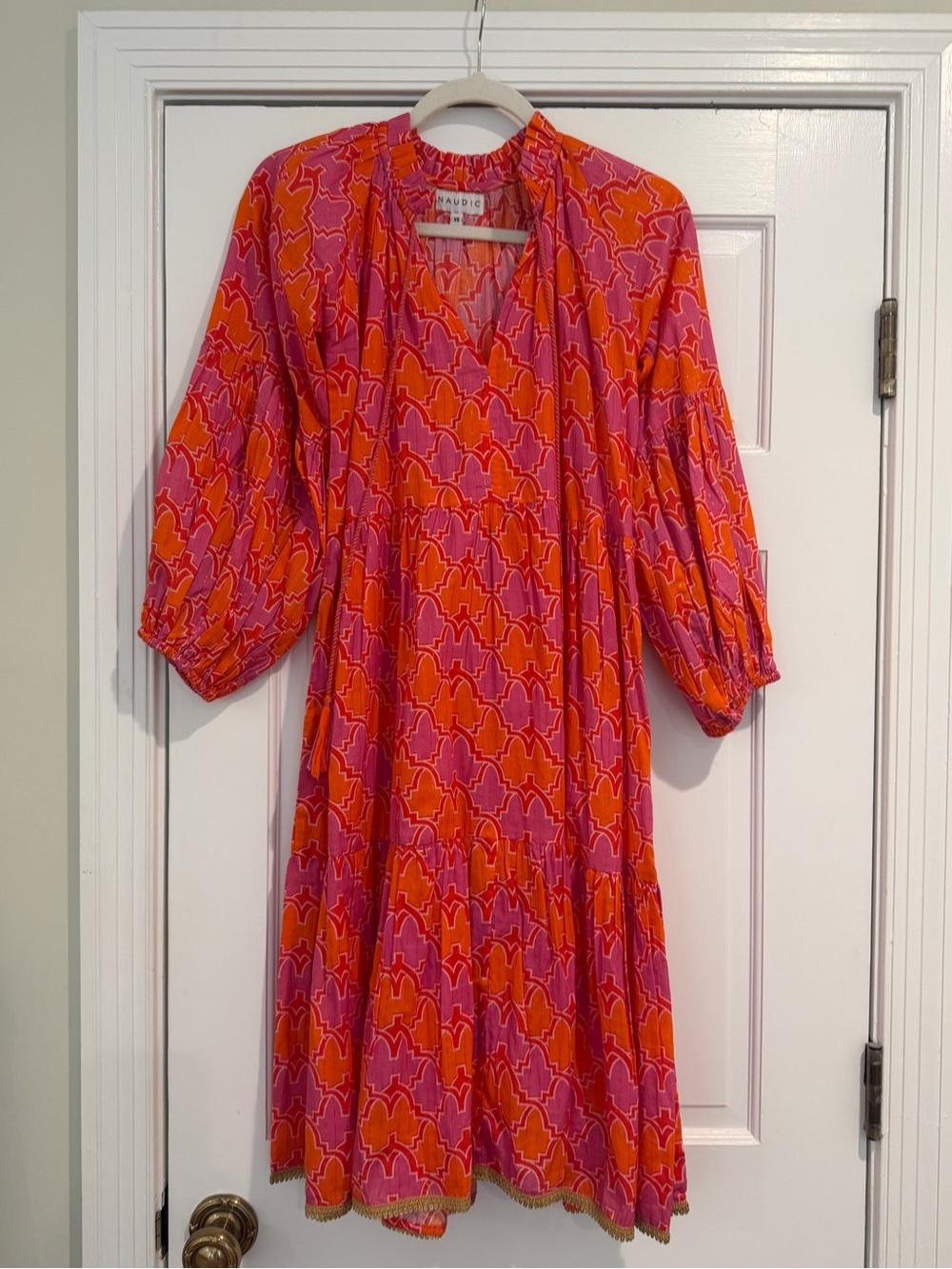 Pink & Orange Printed Tiered Long-Sleeve Midi Dress